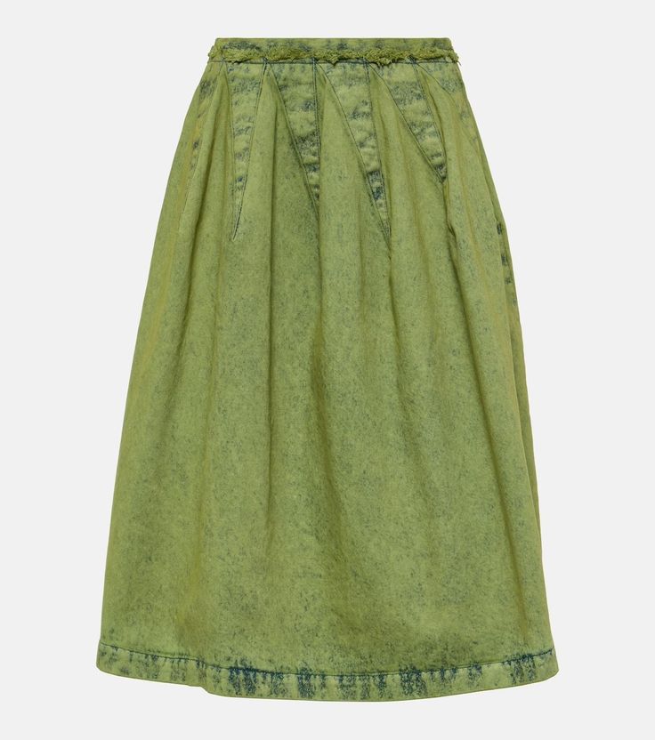 Pleated denim midi skirt in green - Marni | Mytheresa High Waist Pleated Denim Skirt In Cotton, High Waist Pleated Cotton Denim Skirt, High-waist Cotton Pleated Denim Skirt, High Waist Cotton Denim Pleated Skirt, Long Denim Skirt With Frayed Hem, Summer Cotton Midi Denim Skirt, Summer Cotton Denim Midi Skirt, Cotton Midi Denim Skirt For Summer, Cotton Denim Midi Skirt For Summer