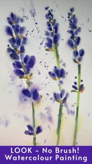 watercolor painting with purple flowers on white paper and text that reads, look no brush watercolour painting