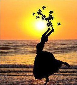 the silhouette of a woman with butterflies in her hands is shown against an orange and yellow sky