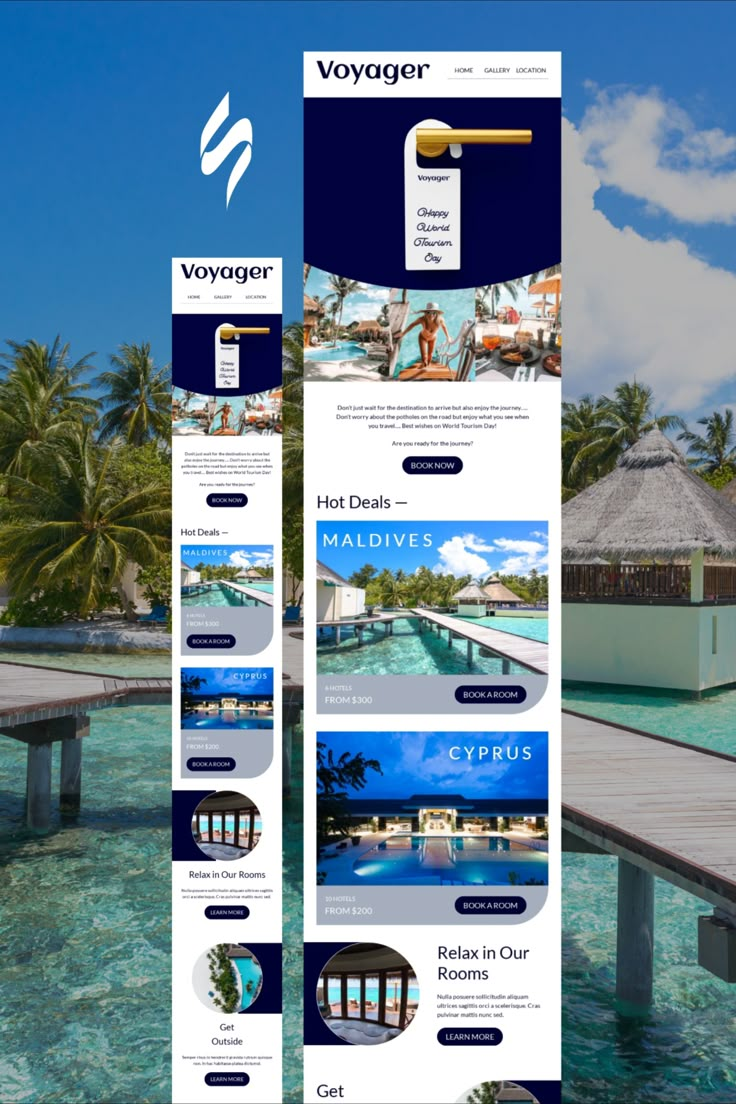 the website for voyage is displayed in front of water and palm trees, with an overhang