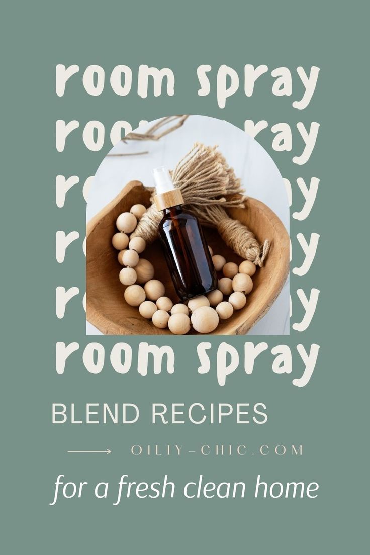 a bottle of room spray sitting on top of a wooden bowl filled with wood beads