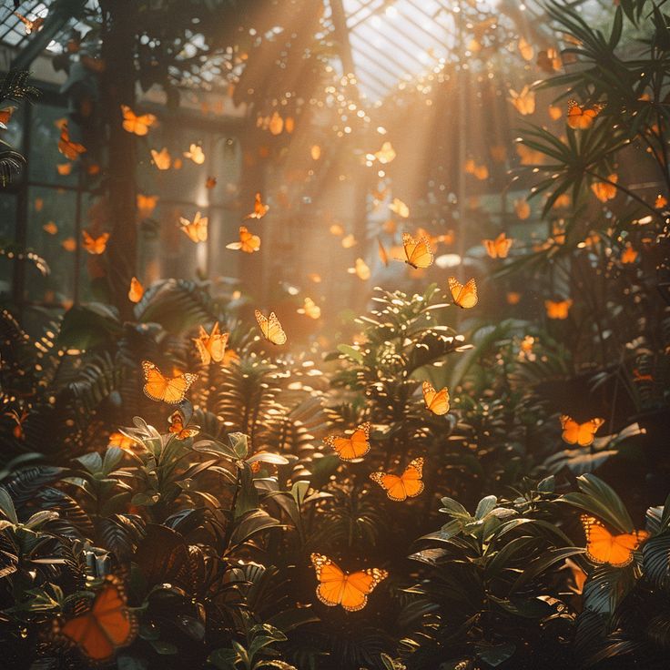 many butterflies flying in the air over some plants and trees with sunlight streaming through them