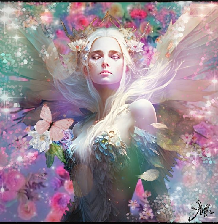 a painting of a woman with white hair and wings surrounded by flowers, butterflies and stars