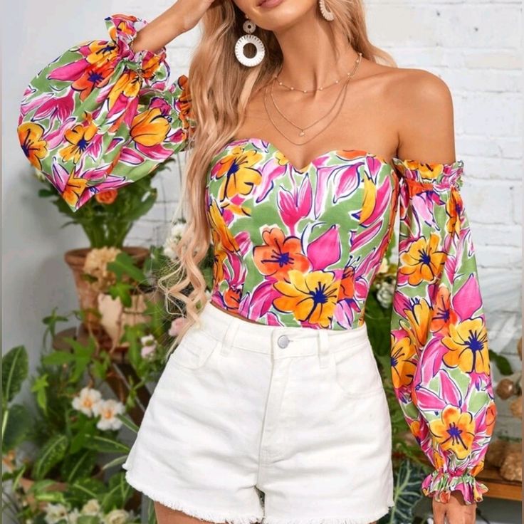 Bring Some Vcay Vibes In This Sweet Floral Off The Sholder Top. Color: Multicolor Material: Brand New Top Floral Tropical Design Great Quality Lightweight Loose On Sleeves Has Stretch Scrunched Textured In The Back Bust : 37.4 Inch Cuff : 8.1 Inch Length : 17.9 Inch Sleeve Length : 20.9 Inch Everything In My Closet Is Brand New! Fyi: Please Reference The Pictures Before Purchasing!. "No Cancelations" Don't Hesitate To Message Me With Any Questions Summer Pink Blouse With Tropical Print, Trendy Tropical Print Tops For Spring, Summer Blouse With Tropical Print In Pink, Summer Floral Print Party Tops, Cute Fitted Blouse For Vacation, Pink Tropical Top For Spring, Multicolor Tops For Brunch During Beach Season, Fitted Tropical Tops For Spring, Pink Casual Blouse For Beach Season