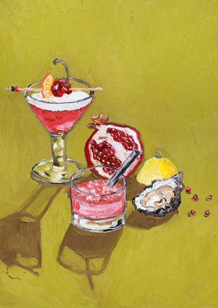 a painting of two glasses filled with fruit