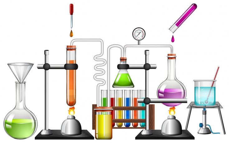 the science lab is filled with test tubes, beakles and flasks full of colorful liquids