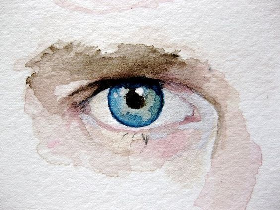 an eye with blue eyes is shown in this watercolor painting