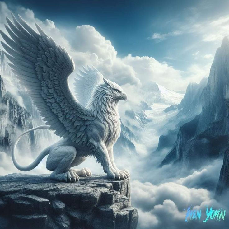 a white dragon sitting on top of a rock in the sky with mountains behind it