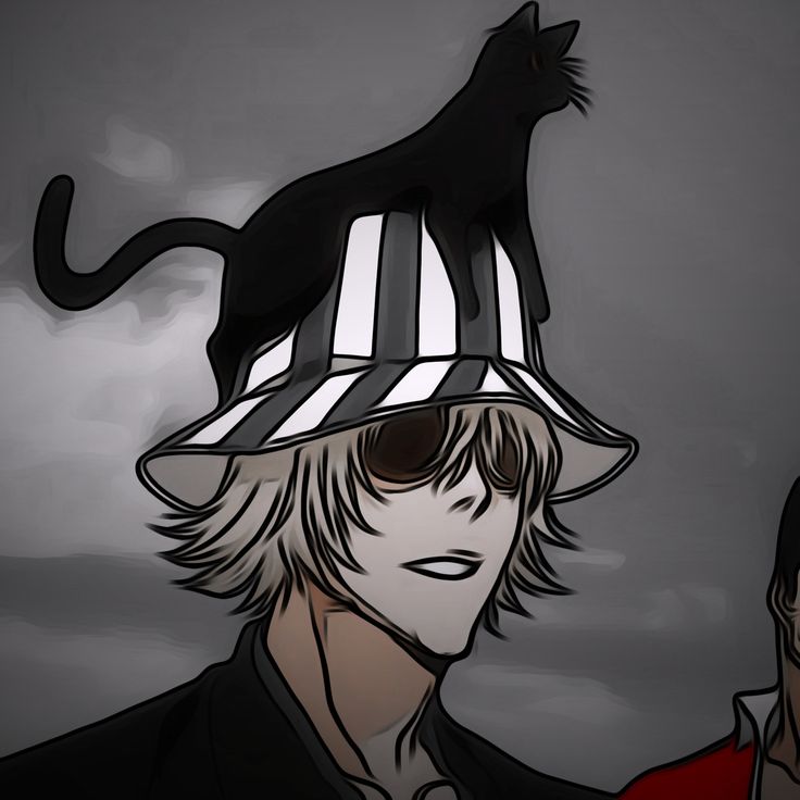 an anime character with a cat on top of his head and another person in the background