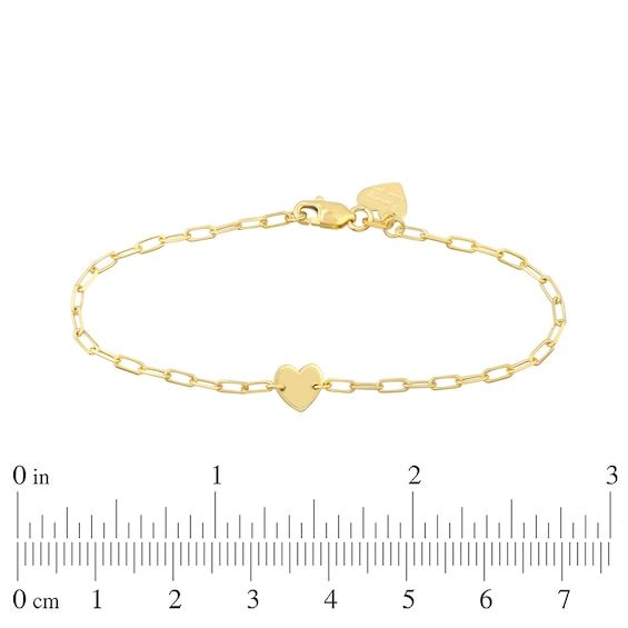 Make your favorite little someone's day extra special with this adorable heart bracelet. Created in 14K gold, this look features a dainty center heart. A sweet reminder, the words "mommy loves you" are inscribed along a heart-shaped charm at the clasp. Buffed to a brilliant luster, this 6.0-inch paper clip-style link bracelet secures with a lobster claw clasp. Yellow Gold Charm Bracelet For Anniversary On Valentine's Day, Valentine's Day Yellow Gold Charm Bracelet For Anniversary, Dainty Yellow Gold Charm Bracelet For Anniversary, Classic 14k Gold Heart Bracelet Gift, Yellow Gold Heart Charm Bracelet For Anniversary, Classic 14k Gold Bracelet For Valentine's Day, Personalized Dainty Yellow Gold Heart Bracelet, Personalized Yellow Gold Dainty Heart Bracelet, Dainty 14k Yellow Gold Heart Bracelet