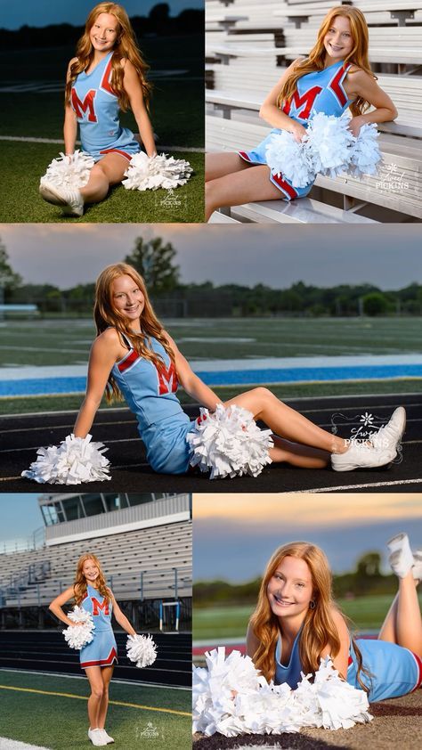 the cheerleader is posing for pictures on the sidelines with her pom poms