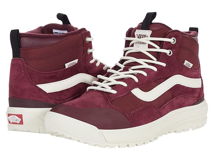 Vans UltraRange EXO Hi MTE-1 - Shoes : Pomegranate/Port : Stay in style with comfort in the Vans UltraRange EXO Hi MTE-1 footwear. Upper made from leather and textile material. Lace closure. Round-toe silhouette. Lining and insole made of textile material. Synthetic outsole. Imported. Measurements: Weight: 15 oz Product measurements were taken using size Men's 9, Women's 10.5, width Medium. Please note that measurements may vary by size. Weight of footwear is based on a single item, not a pair. Sporty Insulated Sneakers For Outdoor, Sporty Insulated Waterproof Boots, Functional Insulated Sneakers For Sports, Insulated Functional Sneakers For Sports, Casual Insulated Hiking Boots For Sports, Durable Sporty Waterproof Boots For Streetwear, Sporty Insulated Sneakers For Sports, Insulated Sporty Sneakers For Sports, Durable Sporty Winter Sneakers