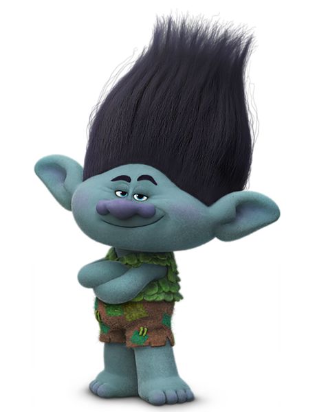 a cartoon troll with black hair and green shorts standing in front of a white background