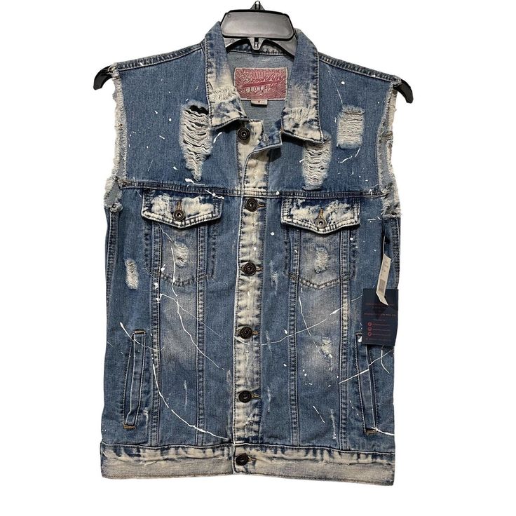 Brooklyn Cloth Men Distressed Blue Denim Vest Jean Jacket Size S. New With Tags Ripped Dark Wash Outerwear For Streetwear, Distressed Dark Wash Denim Jacket For Streetwear, Distressed Denim Jacket For Streetwear, Ripped Dark Wash Denim Jacket For Streetwear, Urban Ripped Denim Outerwear, Dark Wash Denim Vest For Winter Streetwear, Ripped Medium Wash Outerwear For Streetwear, Dark Wash Denim Vest For Fall Streetwear, Distressed Denim Blue Vest For Fall