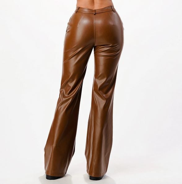 Brown faux leather wide leg trousers stretchy for comfort with a high waisted fit. These stylish trousers are so easy to style and look great paired with our blush crew neck sweater for an everyday effortless look, or dressed up for the evening with our satin halter neck top. Light fleece lining Button and zip fastening Belt loops Elegant Wide-leg Leather Pants For Night Out, Brown Wide Leg Leather Pants For Fall, Brown Leather Pants For Spring, Brown Leather Spring Pants Full Length, Fall Wide Leg Faux Leather Pants, Faux Leather Wide Leg Pants For Fall, Brown Leather Full-length Pants For Spring, Brown Full-length Leather Pants For Spring, Chic Wide Leg Faux Leather Pants