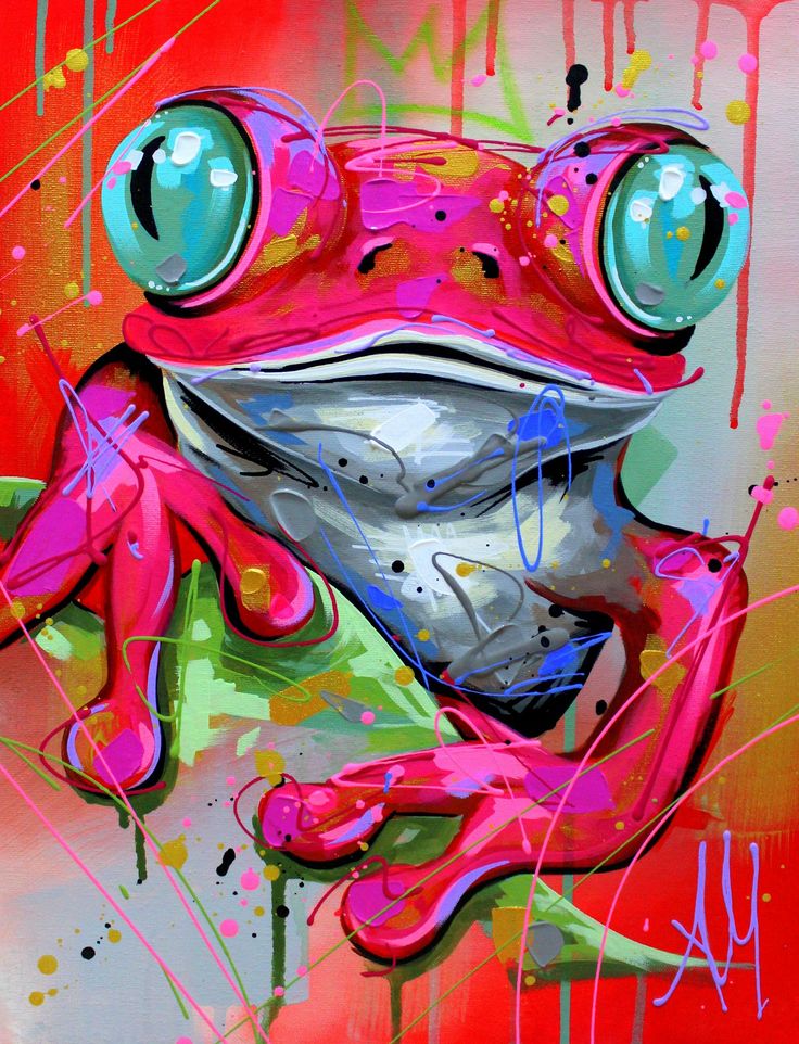 a painting of a pink frog with blue eyes