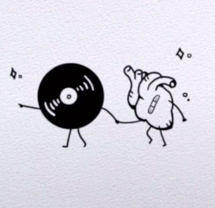 a drawing of a vinyl record being held by a hand with music notes coming out of it