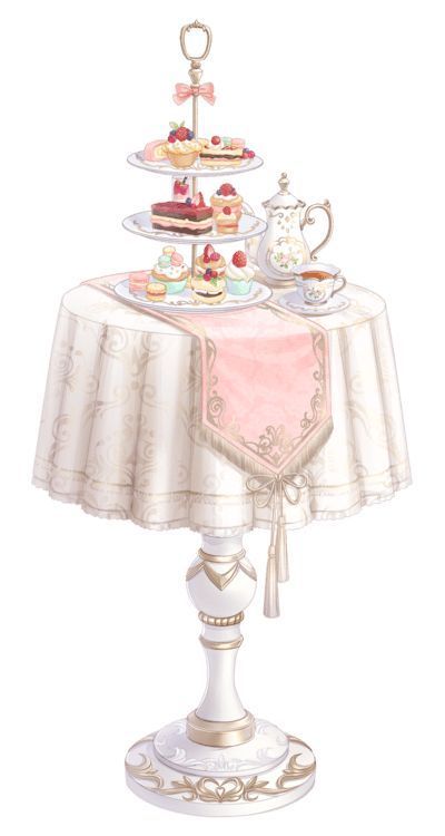 a drawing of a table with tea and cakes on it