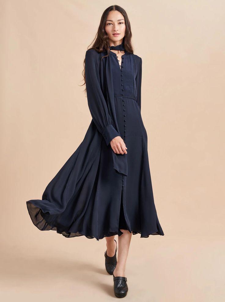 Everly Dress | La Ligne NYC Navy V-neck Midi Dress For Evening, Elegant Navy V-neck Maxi Dress, Elegant Navy Midi Dress For Fall, Elegant Flowy Dress For Night Out, Sleek Silk Dress For Fall, Sleek Silk Fall Dresses, Elegant Navy Midi Dress For Evening, Elegant Navy Dress For Fall, Elegant Flowy Midi Dress For Evening