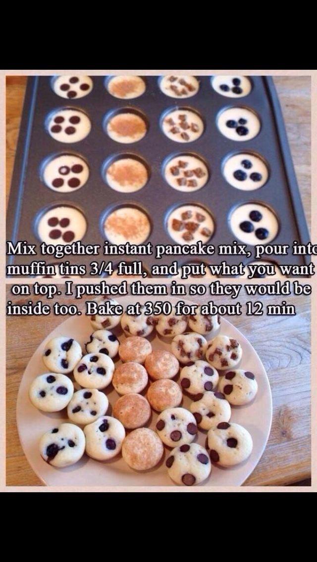 there is a plate full of cookies and muffins next to the cookie sheet that says mix together instant pancake mix pour into mini muffins