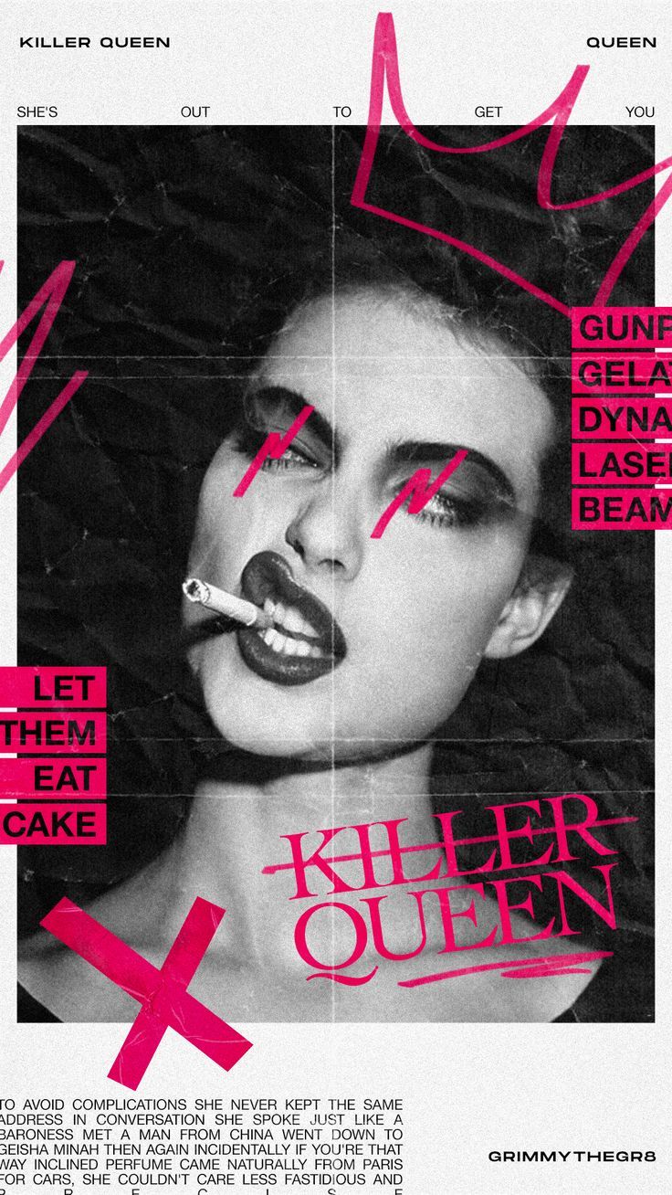 a woman with lipstick on her lips and the words killer queen written in pink ink