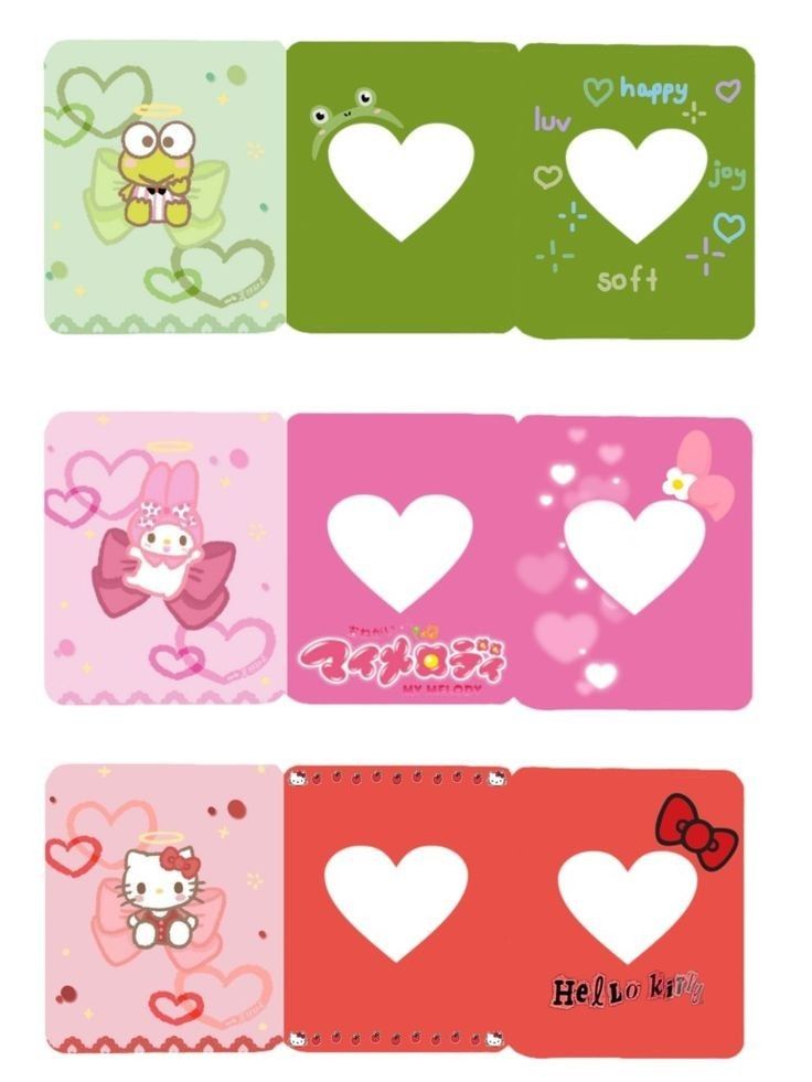 four hello kitty themed cards with hearts and bows on them, all in different colors