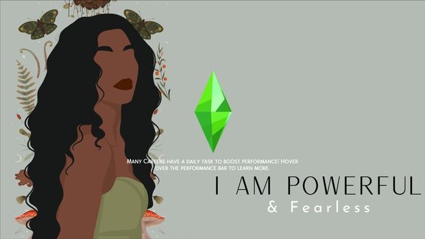 a woman with long black hair standing in front of a green diamond and the words i am powerful & fearless