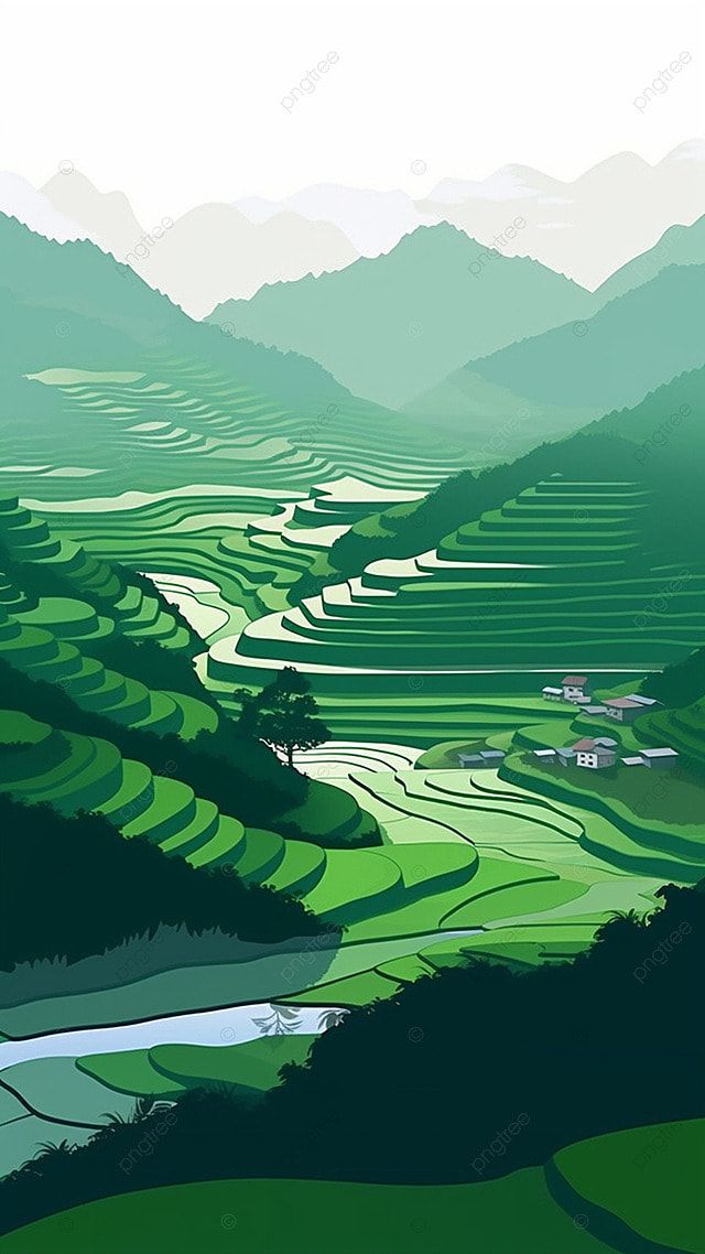 an illustration of a green valley with mountains in the background and a river running through it