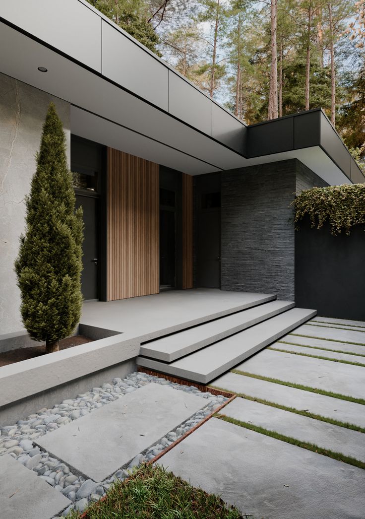 a modern house in the woods with steps leading up to it's front door