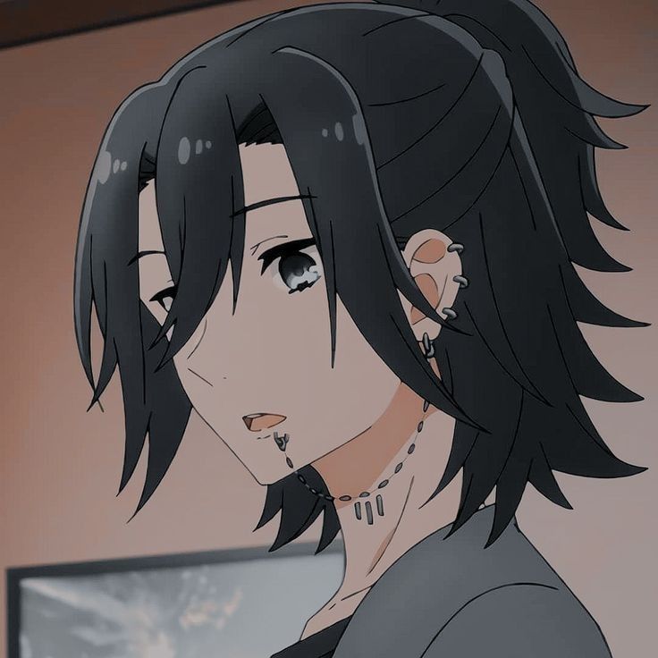 an anime character with black hair and piercings