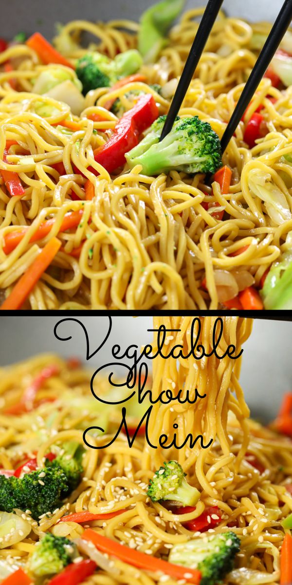 noodles with vegetables and chopsticks being cooked in a wok pan, then topped with broccoli