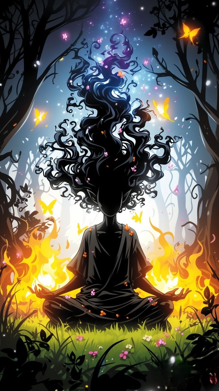 a person sitting in the middle of a forest with fire coming out of their hair