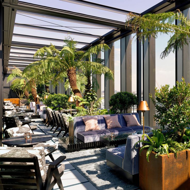 an outdoor seating area with potted plants and couches on top of the roof