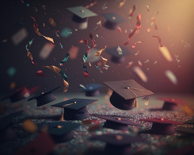 graduation caps and confetti thrown in the air