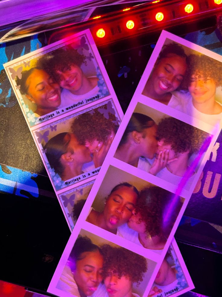 four polaroid photos of two women and one man in front of a neon light