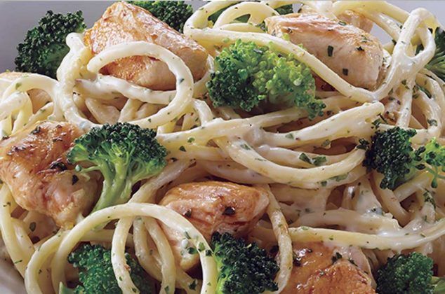 pasta with chicken and broccoli on a plate