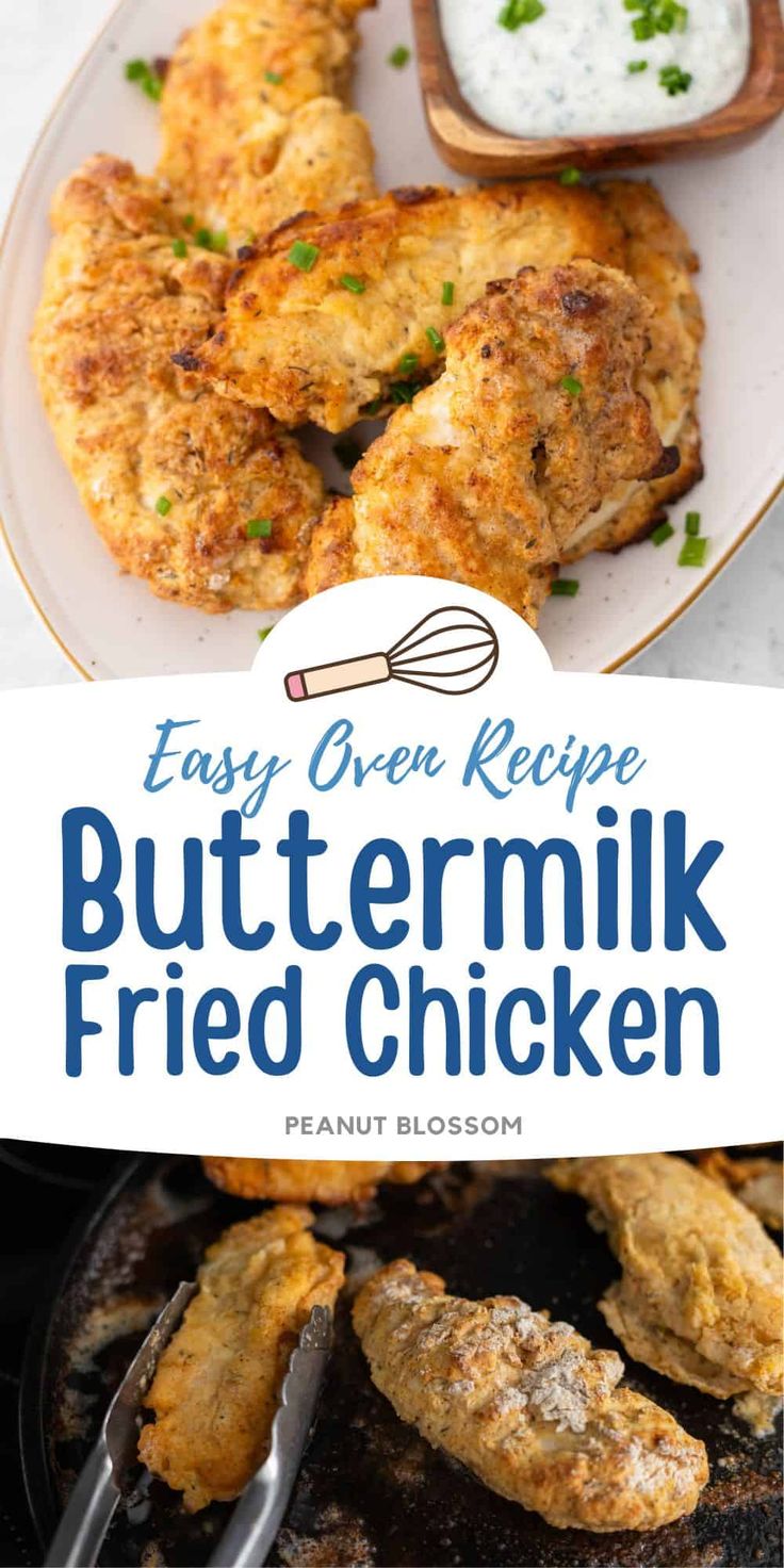 easy green recipe buttermilk fried chicken on a plate with ranch dressing in the background