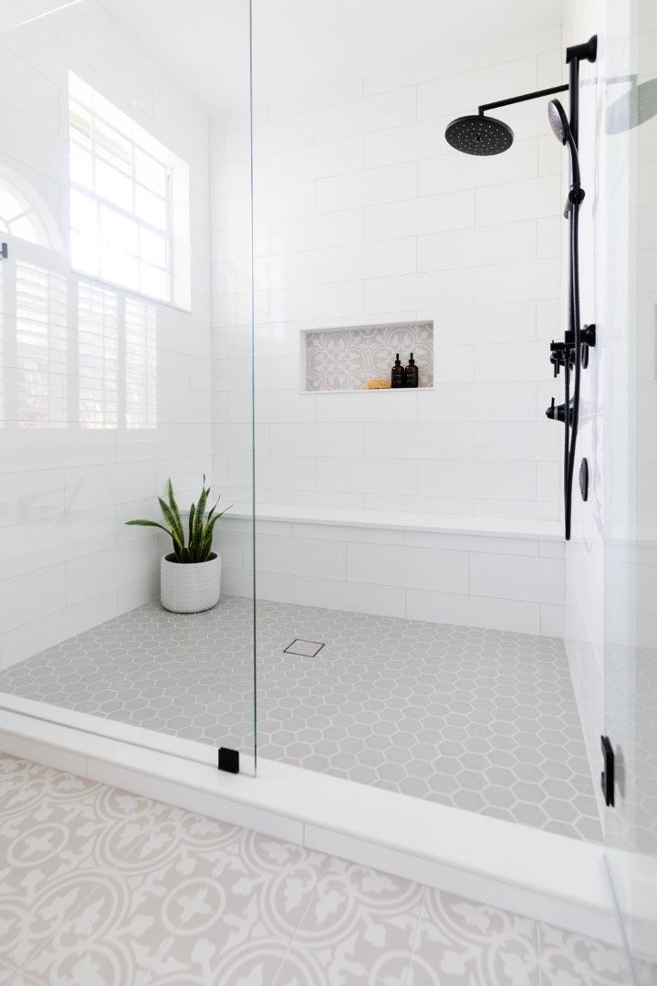 a white tiled bathroom with a glass shower door and plant in the corner on the floor