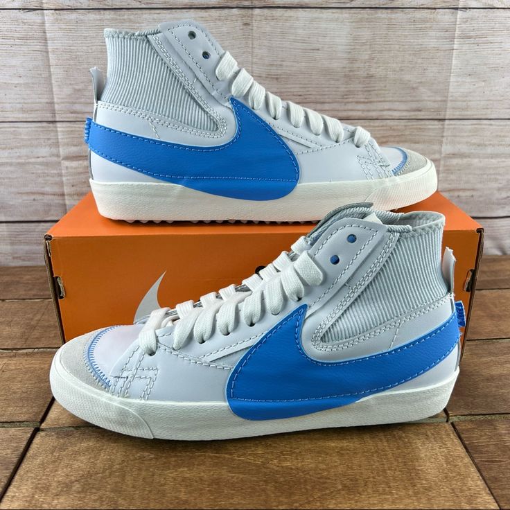 Nike Blazer Mid '77 Jumbo White University Blue Dd3111-103 Brand New With Box Mens Size 10.5 Has Minor Yellow Stain From Factory Glue Stain Blue Leather High-top Sneakers With Rubber Waffle Outsoles, Blue High-top Sneakers For Sports With Speckled Midsole, Nike High-top Sneakers In Light Blue Casual Style, Nike Casual High-top Sneakers In Light Blue, Nike Light Blue High-top Sneakers Casual, Nike Light Blue Casual High-top Sneakers, Casual Nike High-top Sneakers In Light Blue, Retro Blue High-top Skate Shoes, Light Blue Mid-top Sneakers With Rubber Sole