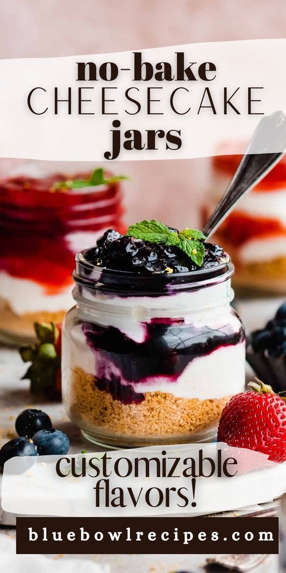 no bake cheesecake jars with blueberries and strawberries