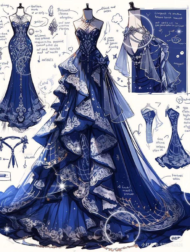 a blue wedding dress is shown in this drawing