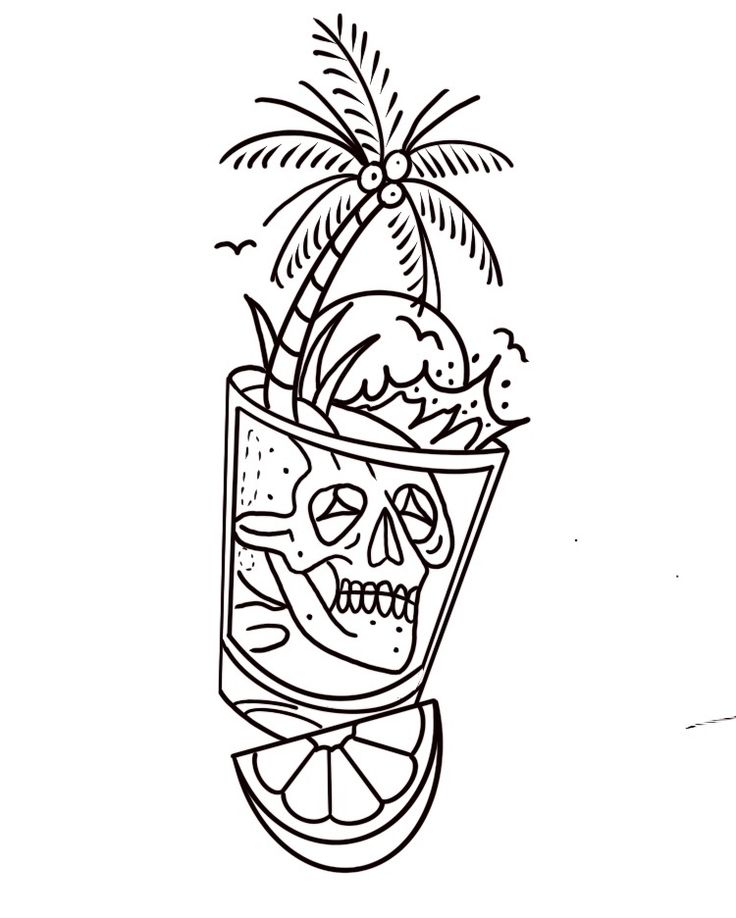 a drawing of a drink with a skull in it