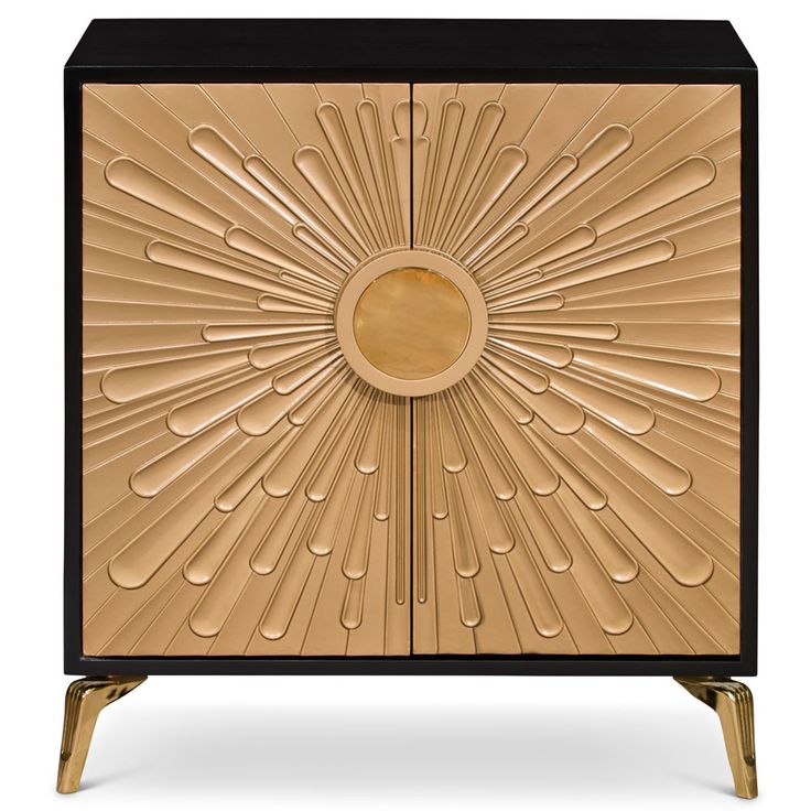 an art deco cabinet in gold and black with a sunburst design on the front