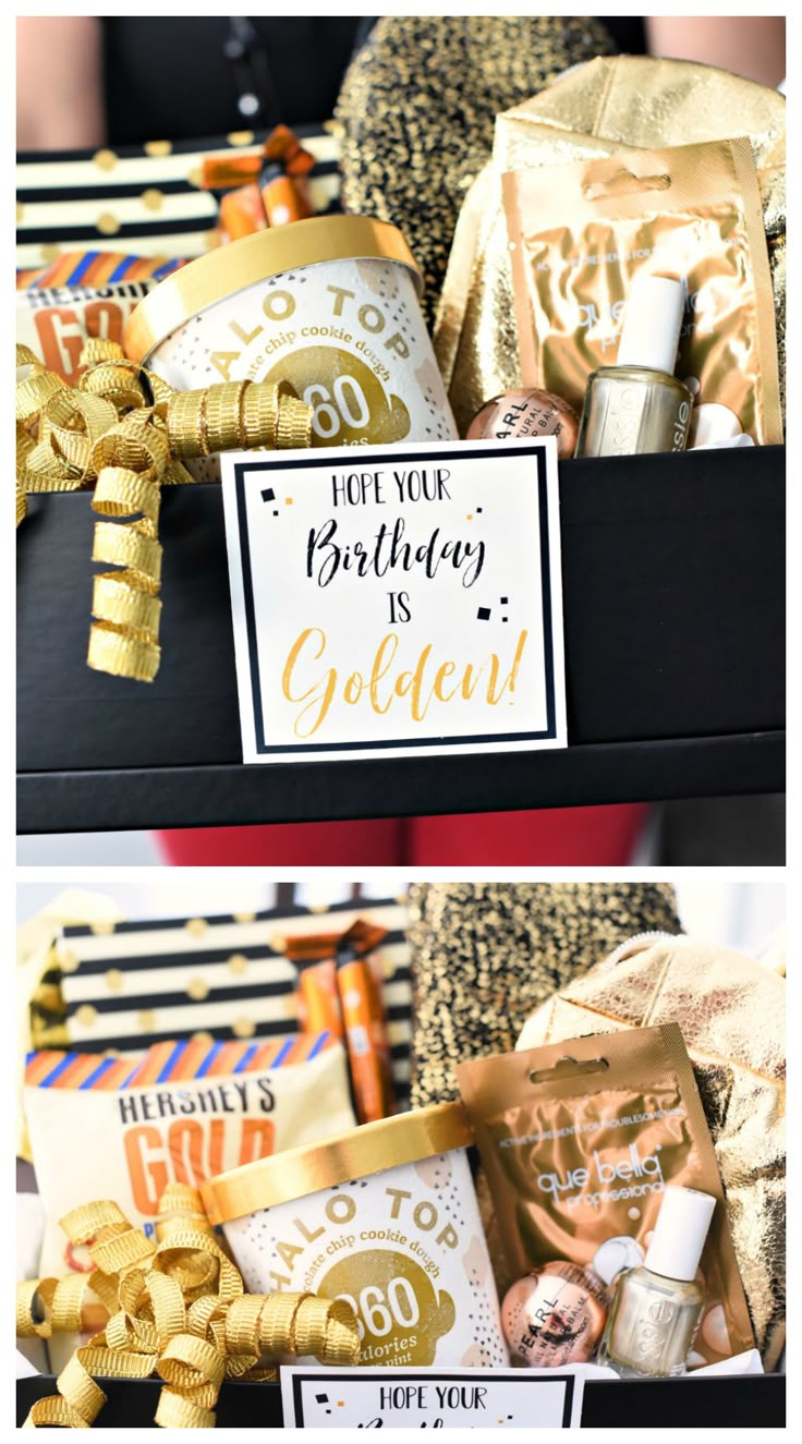 two pictures of gold and white gift boxes, one is for someone's 50th birthday