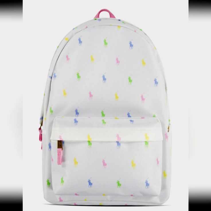 Polo Ralph Lauren Womens/Girls Multi Pony Player Print Backpack. *New With Tags Trendy White School Backpack, Casual White School Backpack, Preppy White Bag For Back To School, Preppy White Bags For Back To School, Preppy White Back To School Bags, Trendy White Backpack, Preppy White Bags For School, Preppy White School Bag, White Preppy Backpack For Students