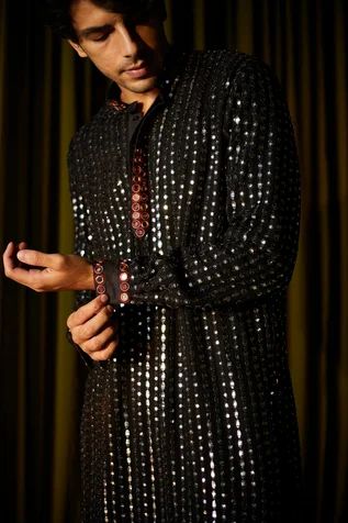 Shop for Twenty Nine Black Gajji Silk Rabari Mirror Work Kurta Set for Men Online at Aza Fashions Mirror Work Kurta, Embroidery Mirror, Black Kurta, Mirror Embroidery, Kurta Set For Men, Types Of Work, Luxury Sale, Pattern Embroidery, Silk Embroidery