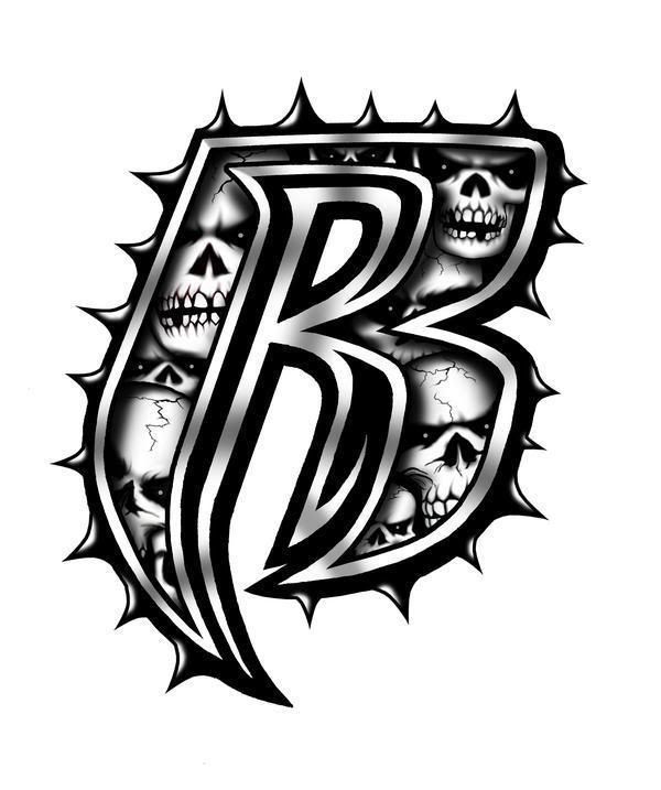 the letter b with skulls on it is shown in black and white, as well as an