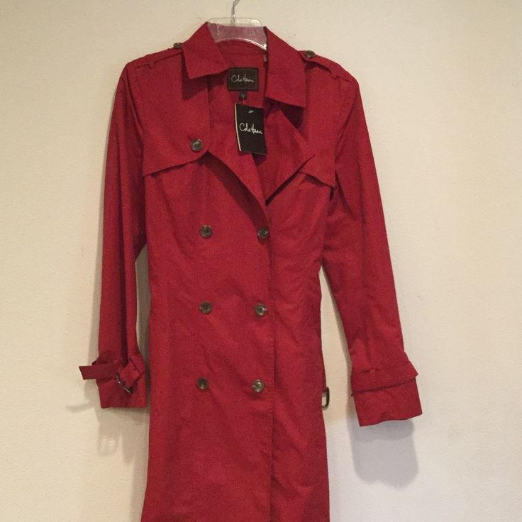 Brand New Women's Red Jacket With Belt. Red Long-sleeve Outerwear For Fall, Classic Burgundy Long Coat, Classic Long Burgundy Coat, Red Long Sleeve Outerwear With Button Closure, Red Hooded Outerwear For Fall, Burgundy Outerwear With Button Closure For Fall, Casual Fitted Burgundy Outerwear, Fitted Burgundy Casual Outerwear, Red Long Sleeve Workwear Outerwear