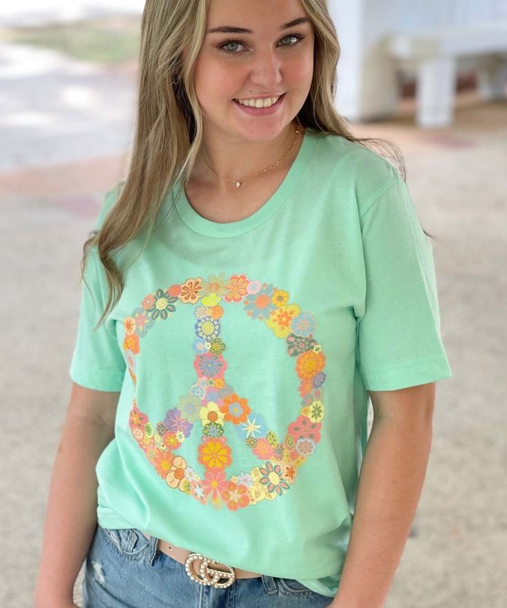 Peace, love, and happiness!! Enjoy your summer in this Bella Canvas Peace Sign Tee! This will be your go to shirt this summer! Pair with jeans, monogrammed shorts, or personalized leggings for an everyday lovable look!!


4.5 oz., pre-shrunk 100% ringspun cotton
Side sems
Unisex Sizing Green Pre-shrunk Tops For Spring, Summer Hippie T-shirt With Letter Print, Hippie Letter Print Tops For Spring, Green Letter Print Top For Spring, Playful Green Tops For Spring, Spring Green Top With Letter Print, Casual Peace Sign Summer Top, Playful Green Spring T-shirt, Playful Green Tops For Summer