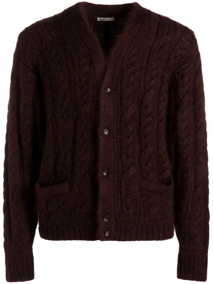 dark brown mohair-wool blend chunky cable knit V-neck front buckle fastening long sleeves ribbed cuffs and hem straight hem Classic Brown Knitted Outerwear, Classic Knitted Brown Outerwear, Brown Cable Knit V-neck Outerwear, Brown Wool Cardigan With Ribbed Cuffs, Winter Brown Cardigan With Ribbed Cuffs, Brown Winter Cardigan With Ribbed Cuffs, Brown Knit Cardigan With Ribbed Cuffs, Winter Wool Cable Knit Cardigan, Elegant V-neck Cable Knit Outerwear